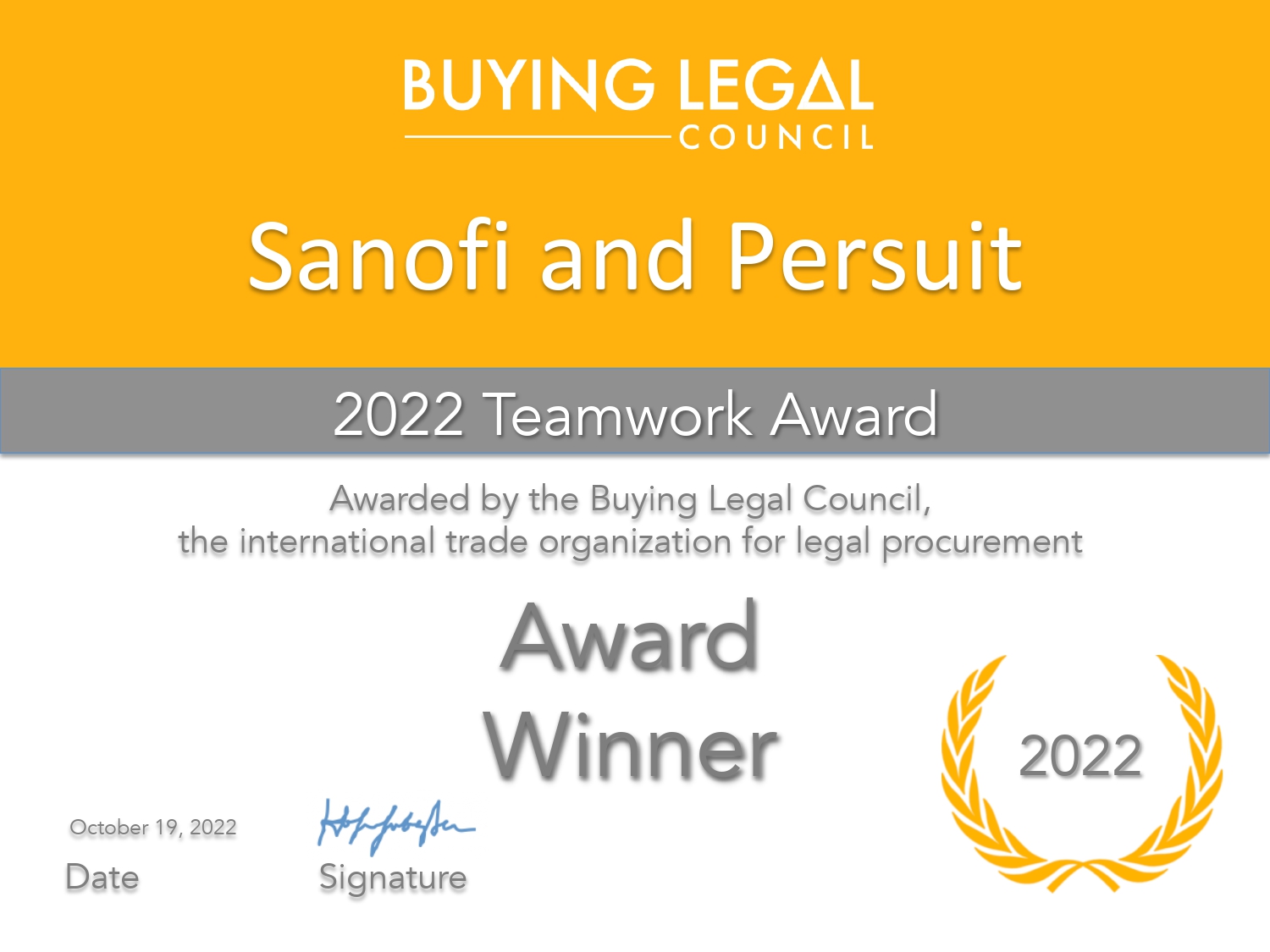 PERSUIT & Sanofi Win Buying Legal Council 2022 Legal Procurement Teamwork Award